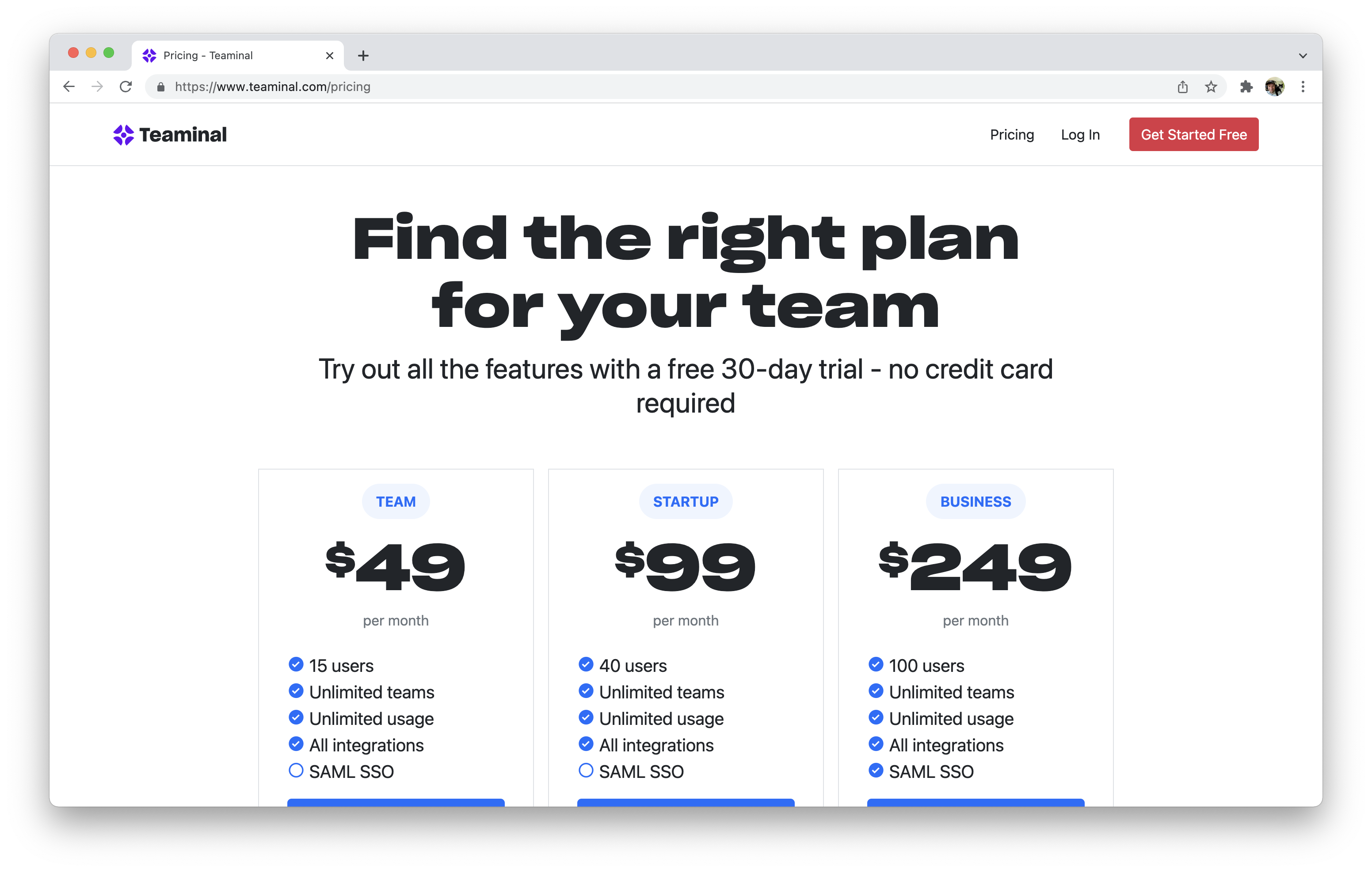 pricing page